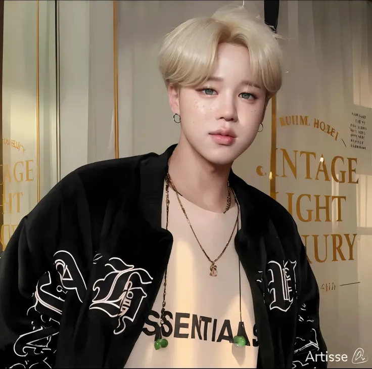 Jimin from BTS, with long blonde hair, light green eyes, chubby cheeks and full pink lips, freckles, great photo quality, cute beauty, doll beauty, porcelain skin, angelic beauty, round eyes, loose hair, blonde hair , golden hair, white skin, jimin, park j...