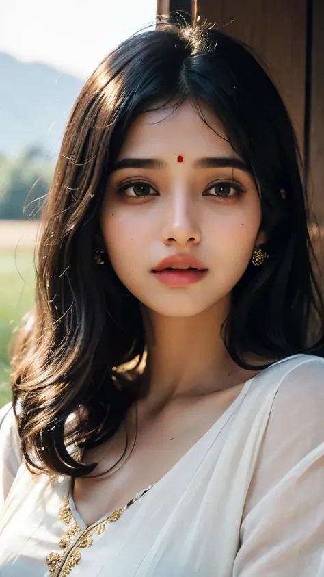 (((desi girl))), chubby face, natural skin, wearing hot deep neck khamir salwar and dupatta, charming black hair, Badi Choti ((hair ends are blonde)) Khet Mein Bada gana Khet background, bokeh