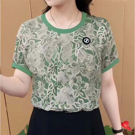 there is a woman that is wearing a Green Shirt and black skirt, Short sleeve, 2 0 2 0 fashion, Green Shirt, Ivy leaves and flower tops, chiffon, 2 colors, Mesh shirt, ( ( dark green, cotton, Casual green clothing, 420, 4 2 0, Ghost Festival, Hand Painted