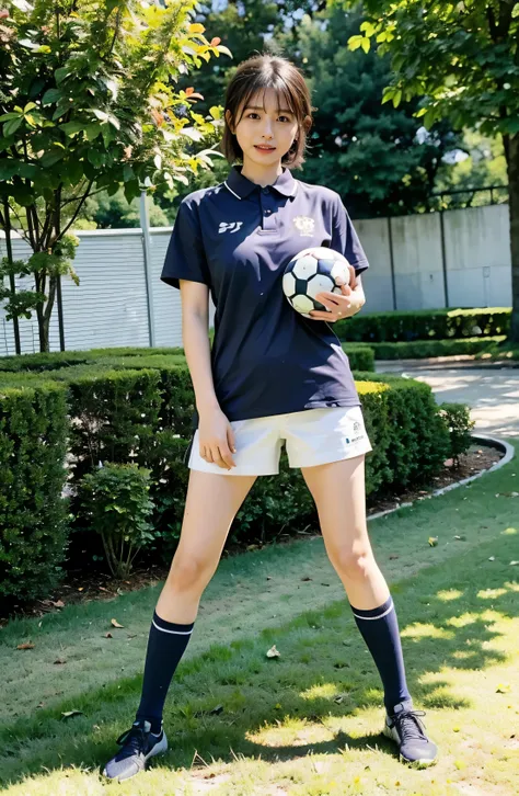 Holding a soccer ball in your hand、Photo at the soccer field、Blue Football Uniform、Japan National Football Team、Big Breasts that can be seen even through the uniform、Braid only the front hair（（National Stadium））、Full body photo、smile、 Caustics、Highly detai...