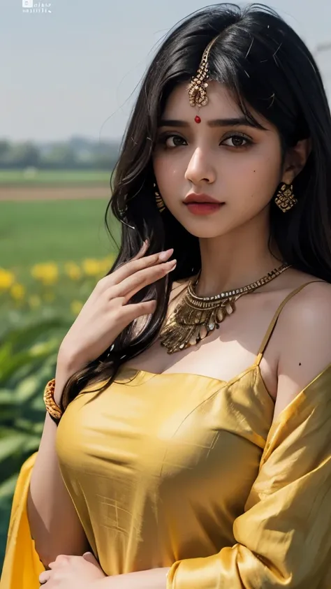 (((desi girl))), chubby face, natural skin, wearing hot deep neck khamir salwar and dupatta, charming black hair, Badi Choti ((hair ends are blonde)) Khet Mein Bada gana Khet background, bokeh