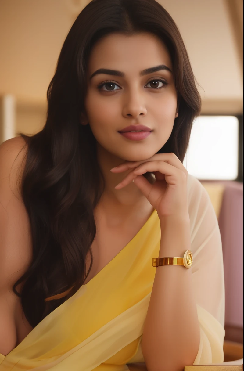 a close up of a indian model woman in a yellow blouse and white scarp posing for a picture,beautiful natural lips with bollywood...