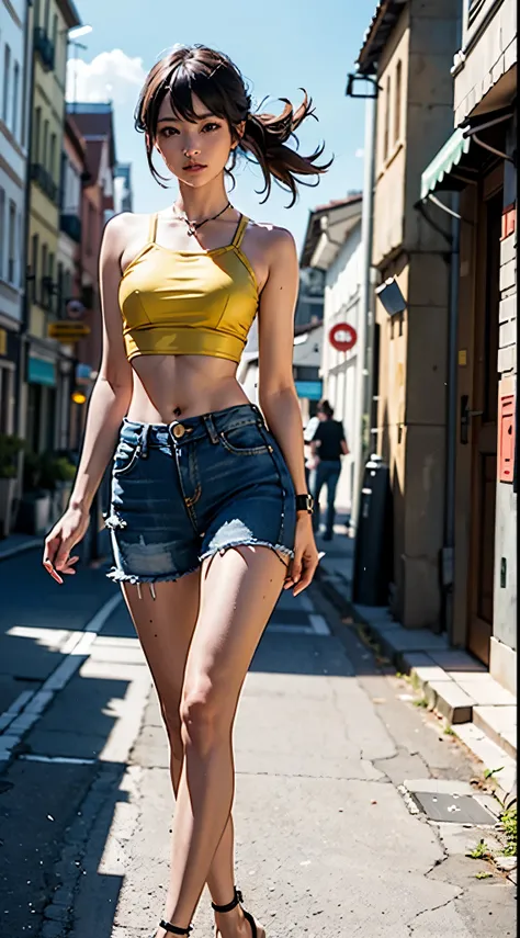 1 female, solo, Misty from Pokemon, masterpiece, very detailed, EnvyBetterHands LoCon, standing position, streets background, realistic body proportion, wearing a denim short, yellow crop top with straps, EnvyBetterHands LoCon