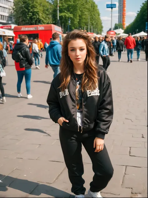 Brown haired girl in hip-hop clothes on Alexanderplatz