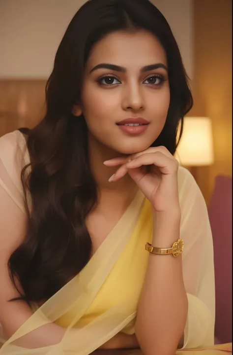 a close up of a indian model woman in a yellow blouse and white scarp posing for a picture,beautiful natural lips with bollywood...