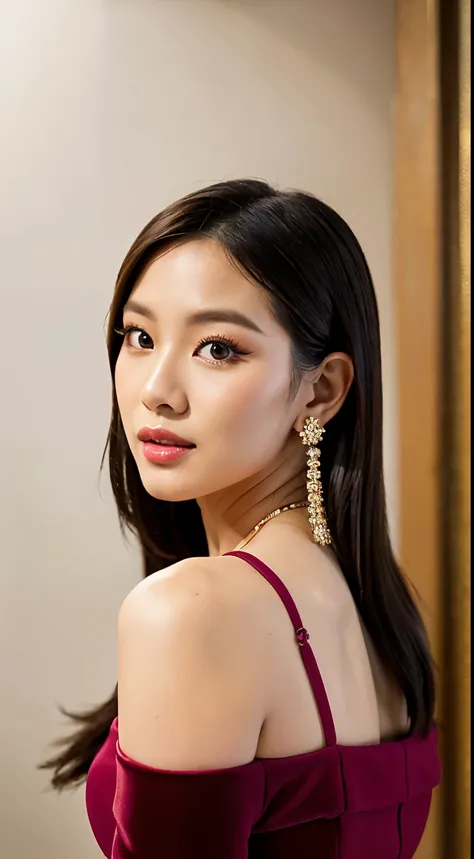 there is a woman that is posing for a picture in a room, with professional makeup, portrait of jossi of blackpink, wearing professional makeup, cindy avelino, detailed flawless face, full face portrait, perfect face model, sexy face with full makeup, light...