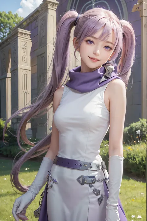 masterpiece, best quality, serra, purple eyes, long white dress, sleeveless, elbow gloves, purple scarf, belt, upper body, field...