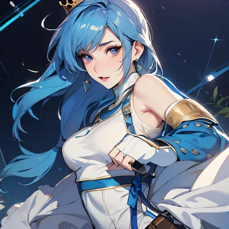 masterpiece, best quality, ultra-sharp, ultra-detailed,, solo girl, back shoulder shot, beautiful girl, blue hair, pale skin, wink eyes, wearing elegant earing, crown head, wearing elegant white dress, model pose, looking at viewer, no background, anime 90...
