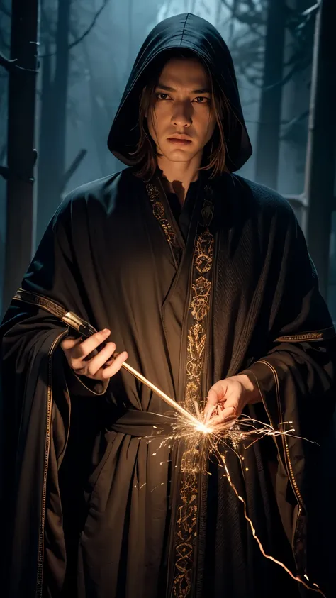 portarit of a wizard, executing a dark spell, dressed in a embroidered layered robe, fiery sparks, darkness, dark fantasy, high ...