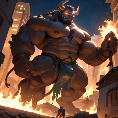 Bull Orc, minotaur, male, Strong build, brown skin is covered with fur, long sharp teeth, large thick lower canine teeth, thick spiral bull horns and claws, large bull horns, (glowing eyes: 1.2), giant sized, larger than city, standing over a large ruined ...