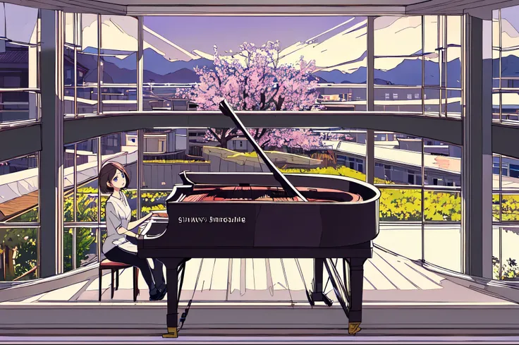 Look up、Brown Hair、Purple-blue eyes、Shining Eyes、Grand piano、Windblown short bob、Perfect composition、8k、Playing the piano、live、