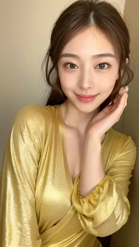 ((highest quality, 8k, masterpiece: 1.3)), 1 female, Japanese Idols,Sensual beauty: 1.3, (Hair style Brown hair Medium wave, big: 1.2), Golden yellow nightwear: 1.1, Super slender face, Delicate eyes, double eyelid, Dimples,Mole, Home,relax,smile,Plump bod...