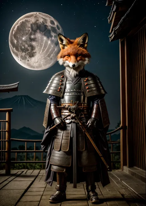 An anthropomorphic fox monster of an old Japanese samurai、Wearing samurai armor、Silver Hair、In front of the ruined shrine、Moonlit Night、lush vegetation、Old tales、Like a movie、8K、16K、Detailed