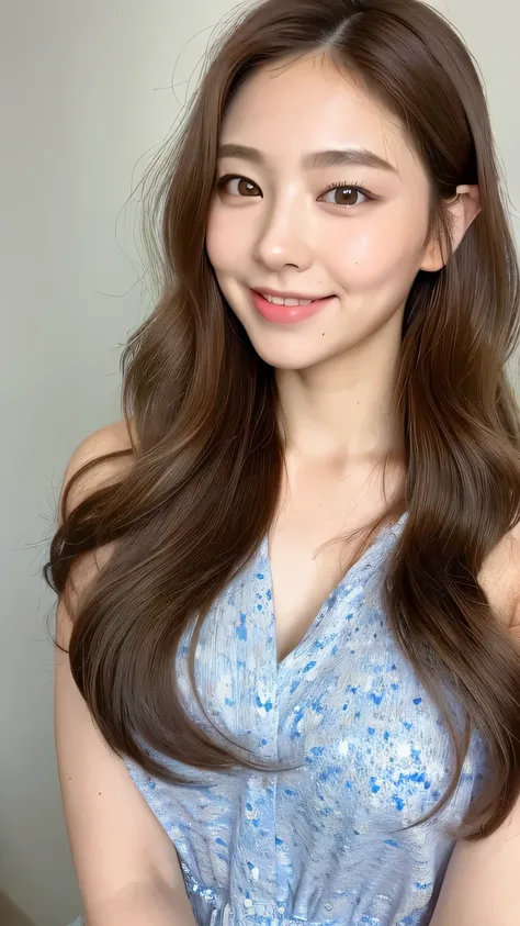 ((highest quality, 8k, masterpiece: 1.3)), 1 female, Japanese Idols,Sensual beauty: 1.3, (Hair style Brown hair Medium wave, big: 1.2), Ultramarine Nightwear: 1.1, Super slender face, Delicate eyes, double eyelid, Dimples,Mole, Home,relax,smile,Plump body,