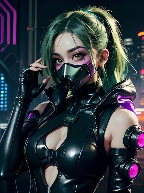 arafed woman with green hair and a gas mask on, cybergoth, cyberpunk bodysuit, wearing cyberpunk streetwear, cyber aesthetic, aesthetic cyberpunk, cyberpunk vibes, in cyberpunk aesthetic, cyber punk setting, bold rave outfit, cyberpunk aesthetics, cyberpun...