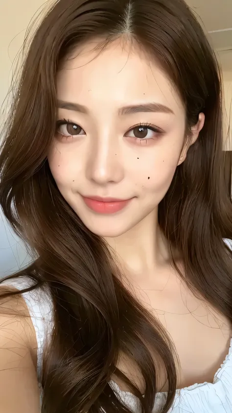 ((highest quality, 8k, masterpiece: 1.3)), 1 female, Japanese Idols,Sensual beauty: 1.3, (Hair style Brown hair Medium wave, big: 1.2), Scarlet Nightwear: 1.1, Super slender face, Delicate eyes, double eyelid, Dimples,Mole, Home,relax,smile,Plump body,