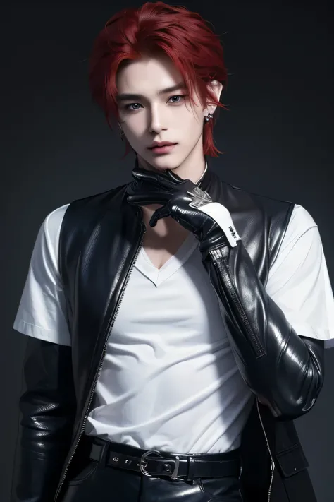 ((highest quality, 8K, masterpiece: 1.3)), Handsome boy from a visual kei band:1.5, 20-year-old、Delinquent boy、 well-groomed face, Red hair color、thin face、（white skin:1.5）、blue eyes、boy with makeup、Super handsome、Extra-fine face, handsome nose, small eyes...