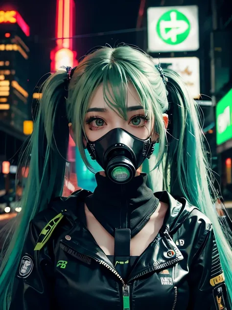 1girl, woman, neon green hair, twintails, gas mask, cyberpunk outfit, cyberpunk setting, bright colors, neon city, neon city background