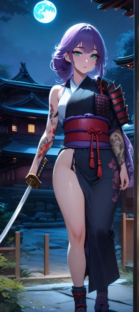 one arafed woman with purple hair and green eyes, japanese tattoo sleeve on her right arm, holdind a katana, samurai armor, sfw, japanese temple, night, blue moon