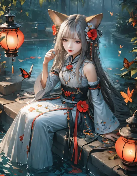 (masterpiece), (best quality), illustration, ultra detailed, hdr, Depth of field, (colorful),[Xnkzzmcz],[iumu],green eyes, 1boy, long hair, solo, flower, hair ornament, looking at viewer, very long hair, butterfly, sitting, hair flower, lantern, bug, water...