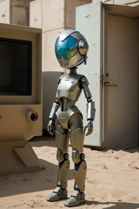 A Modern flat toon Crazy whit a Only Eye Robot and helmet Style, tongs in hands, Tv head, pinhead, camouflage White Rusty, Ambient in a oasis war super detailed, center, beautiful, soft lighting, focused on the character, 4K resolution, photorealistic rend...