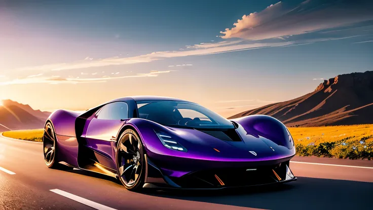 Imagine a concept car, concept design, electric hypercar, the car driving down a perfectly straight highway towards a beautiful horizon. The car’s polished chrome gleams in the soft glow of the setting sun. The road is flanked by rolling hills and wildflow...