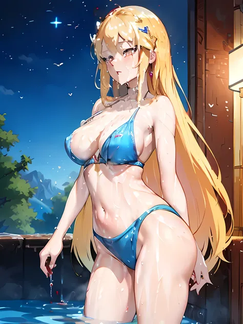 blonde very long hair, red eyes, wearing a sexy blue bra, ultrasharp, looking at the viewer, ((best quality)), ((masterpiece)), (detailed), perfect face, big breast, sexy body, with hearts and sparkles floating around her as she stands in a pool of water