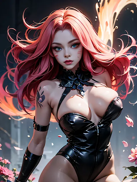 (Best Quality, 8K, Masterpiece, HDR, Soft Lighting, Picture Perfect, Realistic, Vivid), Summer valley covered with flowers, grass and flying elemental lights, Catwoman stands, she has a beautiful face with brown eyes, long windy flaming red hair and tattoo...