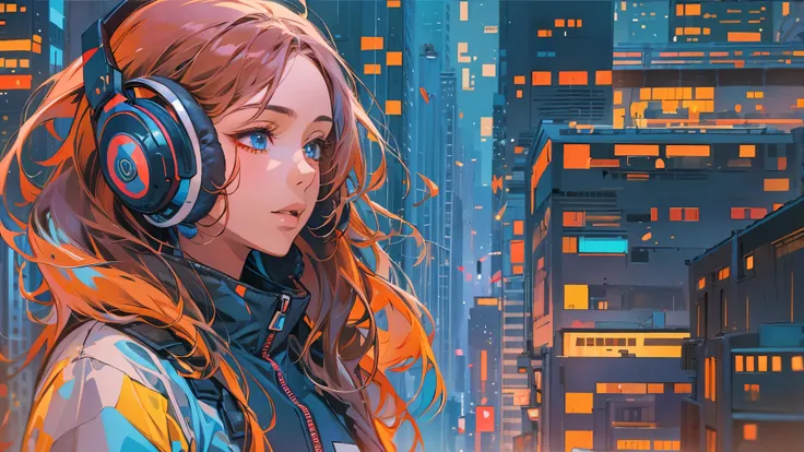 high resolution、one girl、wearing headphones、vibrant colors、vivid color、warm shades、full body images、futuristic city、braided hair...