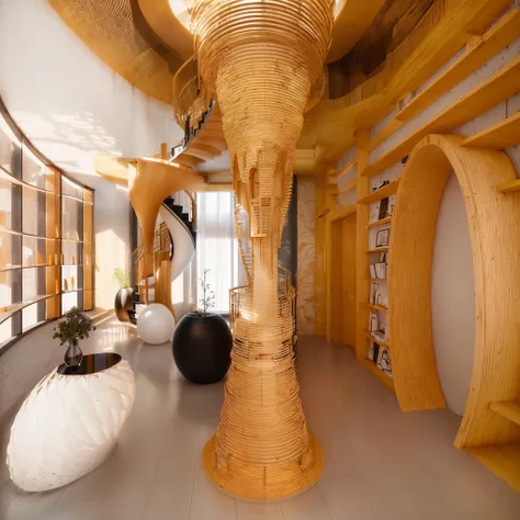 There is a room with a spiral staircase and wooden floors, inspired by Zha Shibiao, by Zha Shibiao, Indoor architectural landscape, Minimalist Sculpture Design, apartment complex made of tubes, Complex rendering, round ceiling, Highly photographic renderin...