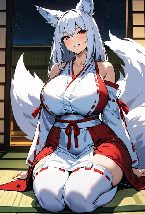 front view, 1girl, milf, woman, big breasts, wide hips, miko outfit, long white hair, white fox tail, fox ears, kitsune, milf red eyes, full lips, smiling at viewer, sitting seiza, nighttime tatami room background, ultra-detailed, sketchy style, UHD, UHD, ...