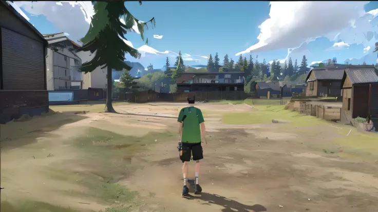 there is a man that is standing in the dirt with a skateboard, in game, in game graphic, realism in style of fornite game, camps in the background, in-game, in - game, forrest in background, video game screenshot>, screenshot from the game, fps view, yuru ...