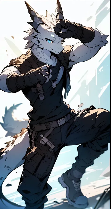 Masterpiece, Cool Pose, Furry Gray Dragon, Medium Strong Body, Blue Eyes, Grey Medium Hair, Combat Black Shirt, Combat Gloves, Combat Pants, Fierce, Good looking 