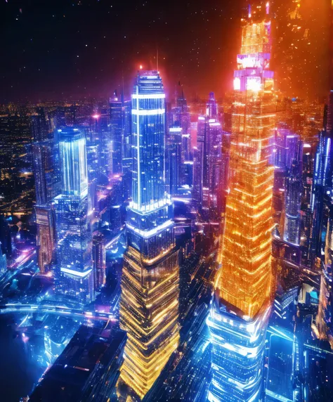 gorgeous atmosphere、 night view from a high place、drawing a large number of skyscrapers, you can look up at the starry sky、the n...