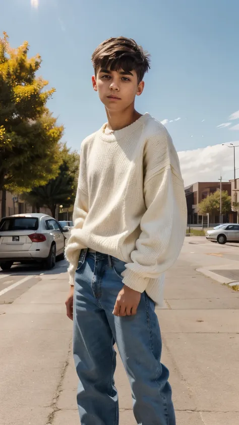 teenage boy, skinny physique, short hair, thick and fluffy hair, till eyebrows fringe, short hair on back and sides, wearing loose baggy jeans and full sleeve oversized white cotton sweater. sunny afternoon, empty parking lot. flat angle, cinematic.