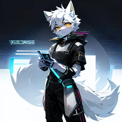 cyber punk perssonage，epcot，Tech style，solo person，White body，White ears，White hair，Overall white，Orange-yellow eyes，Wolf tail，Wolf orcs，Young，Wear a short-sleeved shirt，Ultra-clear screen，Soft lines