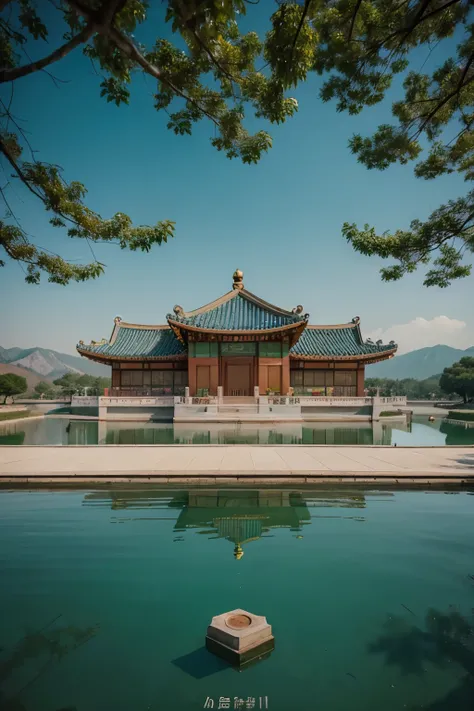 Make it symmetrical with the Korean palace in the center., Wes Anderson feel, colorful, With the scenery