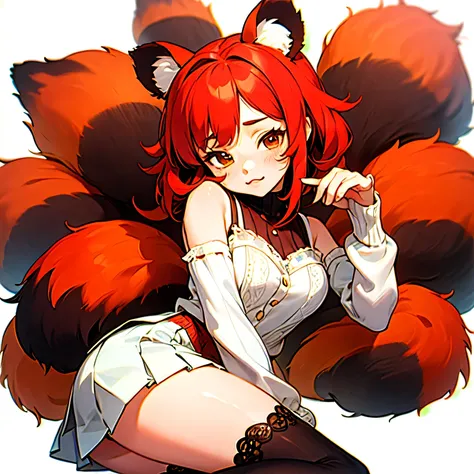 1GIRL, cute girl, finely detailed, (best quality), (intricate details), cute style, vtuber style, red panda style, sleepy style, multicolored, ((medium length red hair)), ((red panda ears)), ((red panda tail)), ((nine tails)), best quality, ((red and white...