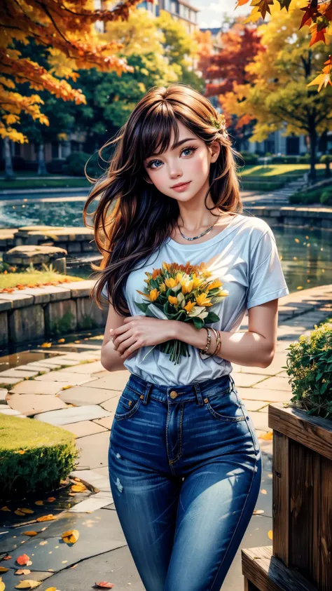 (best quality,4k,8k,highres,masterpiece:1.2),ultra-detailed,realistic,photorealistic:1.37,portrait,beautiful,dreamy,soft lighting,warm colors,tender embrace,genuine emotions,happiness,love,T-shirt,denim jeans,relaxed posture,lush greenery,flower bed,walkin...