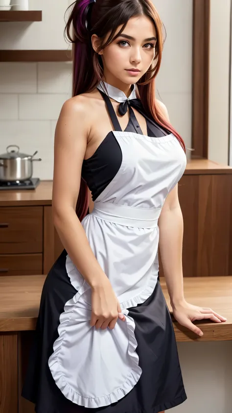 masterpiece,(best quality, illustration,detailed face:1.3),(1girl,solo:1.3),beautiful detailed eyes,  apron, gradient_background, gradient, maid, purple eyes,red hair,small breasts,, BREAK, enmaided, white_apron, black_dress, ponytail, black_footwear, fril...