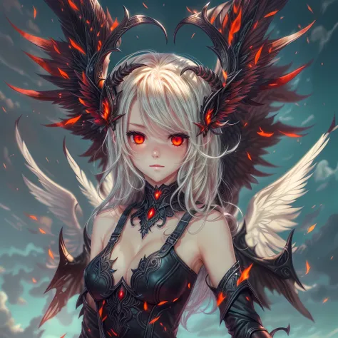 fantasy art, RPG art a picture of ((2 women)), BREAK a (female angel: 1.3) , wearing dress, pale skin, best details beautiful face , (blond: 1.2) hair, long hair wavy hair (blue: 1.1) eyes, high heeled boots, wearing a dress, large angelic wings, (white: 1...