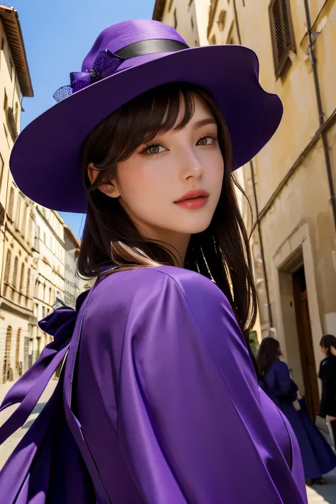 Model and background intact, Close-up of woman wearing purple dress and hat with Florence buildings background, 