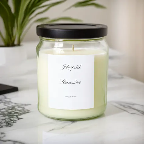 small candle in a jar with white label and black lid, standing on a marble table in contemporary style living room, house plants, daylight, professional, a7s camera, 50mm lens, macro, shallow depth of field