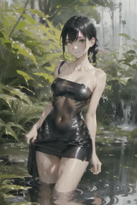 girl, Solitary, Resting posture,((Double tail)), Black Hair, Bangs, Long eyelashes, beautiful eyes, full，（Yellow and black）, c lips, Tube Top，Short skirt，Knee socks, Lando Seru Backpack,(Brushstrokes, Impressionism, painting，Rich scenery)、Disheveled，Chest ...