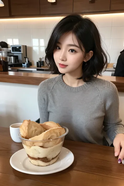 realistic, 2 asian girl, little curly bob hair, age30, taking with friend, in cafe, little excite, little shy