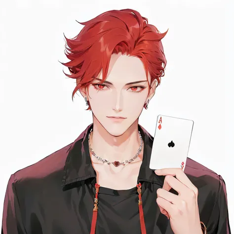 Cartoon image of a man holding playing cards and a necklace, Portrait of Hisoka Hunter, holding a trump card, cai xukun, Official character illustrations, The handsome guy in Demon Slayer, Official Character Art, Orange hair anime boy, The character&#39;s ...