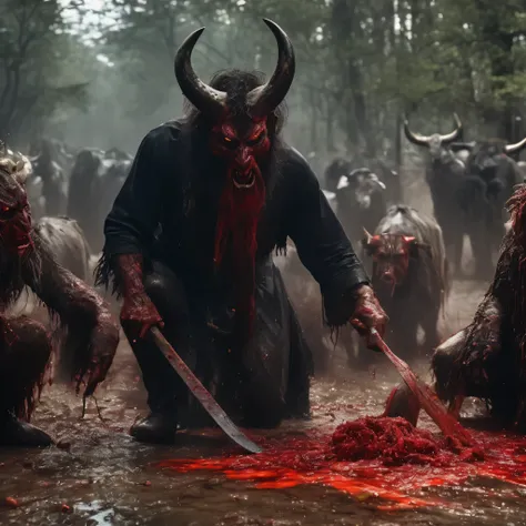 (masterpiece, best quality:1.2), demonic ritual, men cutting animal, UHD, HDR, 8k, ultra-wide angle, award winning