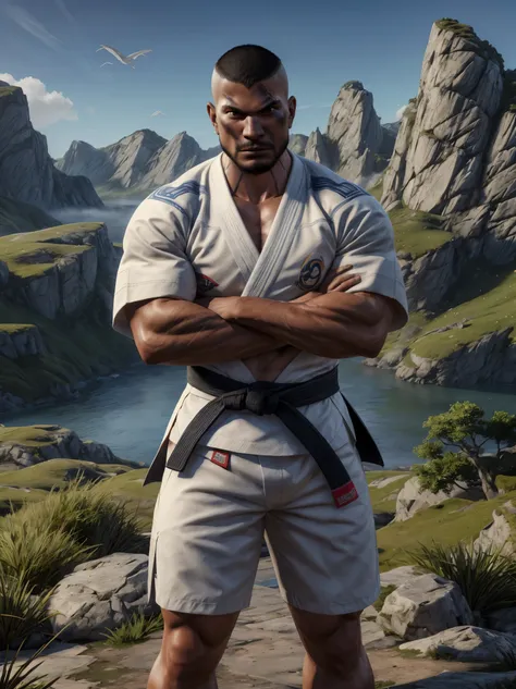 temulchsd, arms crossed, combat man, in front of a gigantic mountain in the background, hyper-realistic, 8k, detailed, jiu-jitsu...