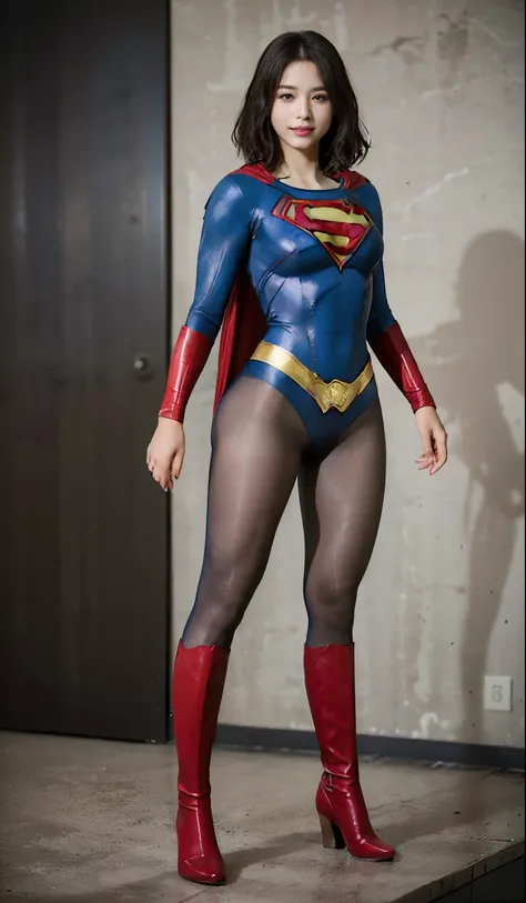 No background、(((Beautiful legs in black tights.)))、(((Legally express the beauty of your smile)))、((((Make the most of your original images)))、(((Body-fitting Supergirl costume)))、(((Supergirl Costume)))、(((Short beautiful hair)))、(((suffering)))、(((Pleas...