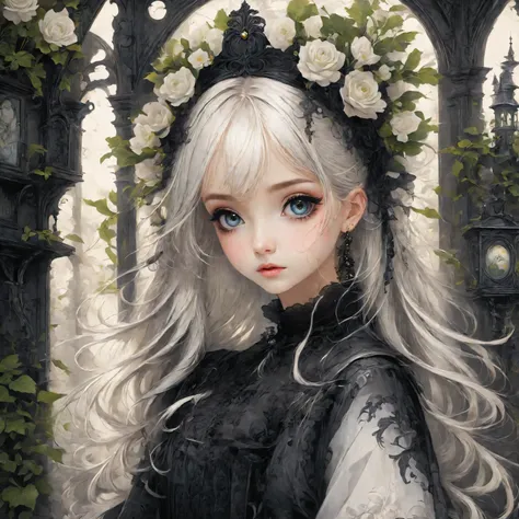 Gothic horror paintings,((Beautiful girl standing:Gothic Lolita:12 years old:Ephemeral:beautiful girl:cute:Adorable:Perfect Face:white:eyelash:Big eyes)),Gothic House,